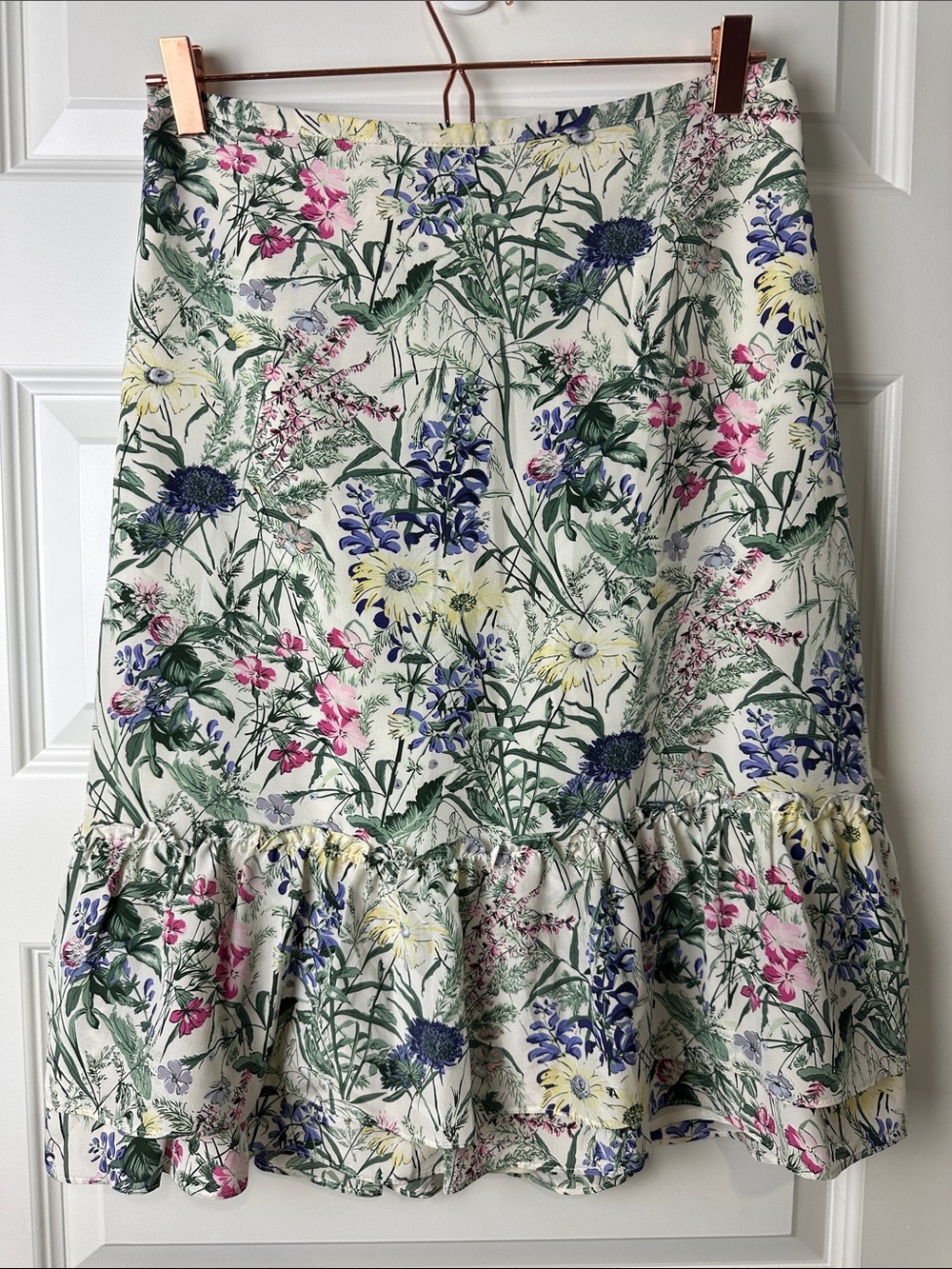 Loft Floral Ruffle Hem Women's Skirt Silk Cream Multicolor Size 6